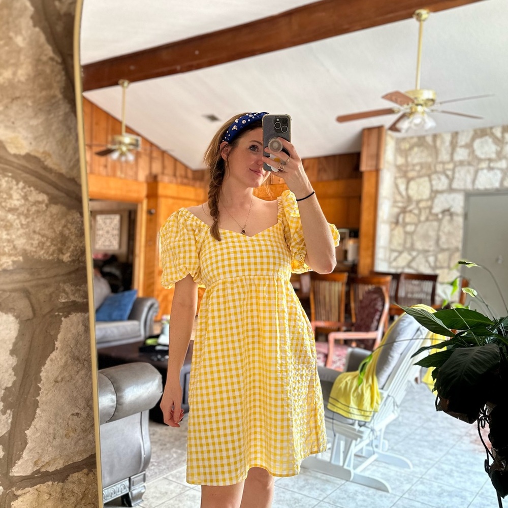 NWT Old Navy Fit & Flare SeerSucker Yellow Gingham puff sleeve mini dress